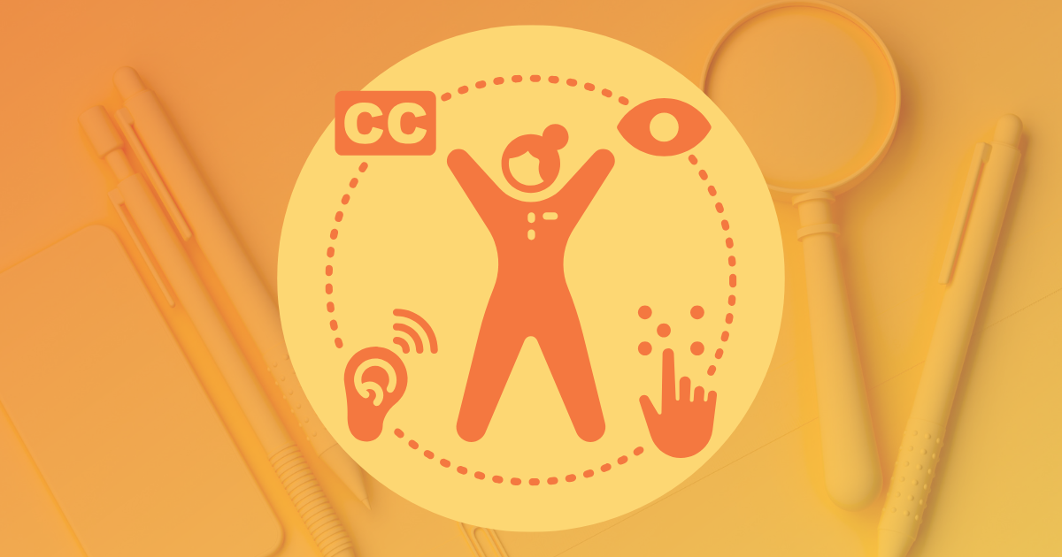 An icon of a woman with outstretched arms within a circle. In another circle with dotted lines are icons for closed captioning, visibility, touch, and hearing.