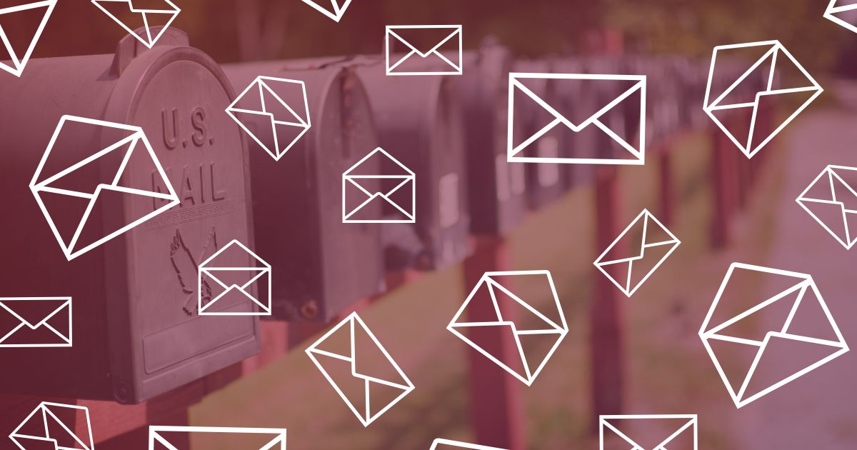 A photo depicting a row of mailboxes overlaid by a purple and orange gradient and mailbox icons.