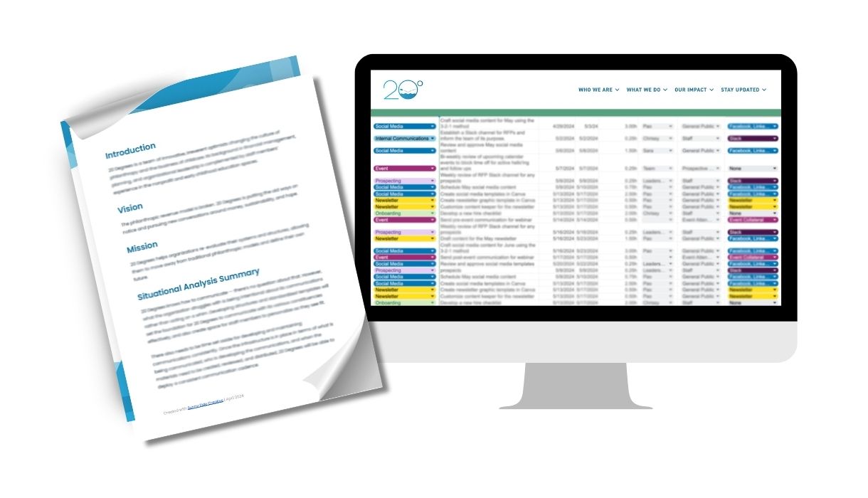 A computer screen displays a colorful spreadsheet with a detailed communications plan. Beside it is a communications strategy document with sections named 