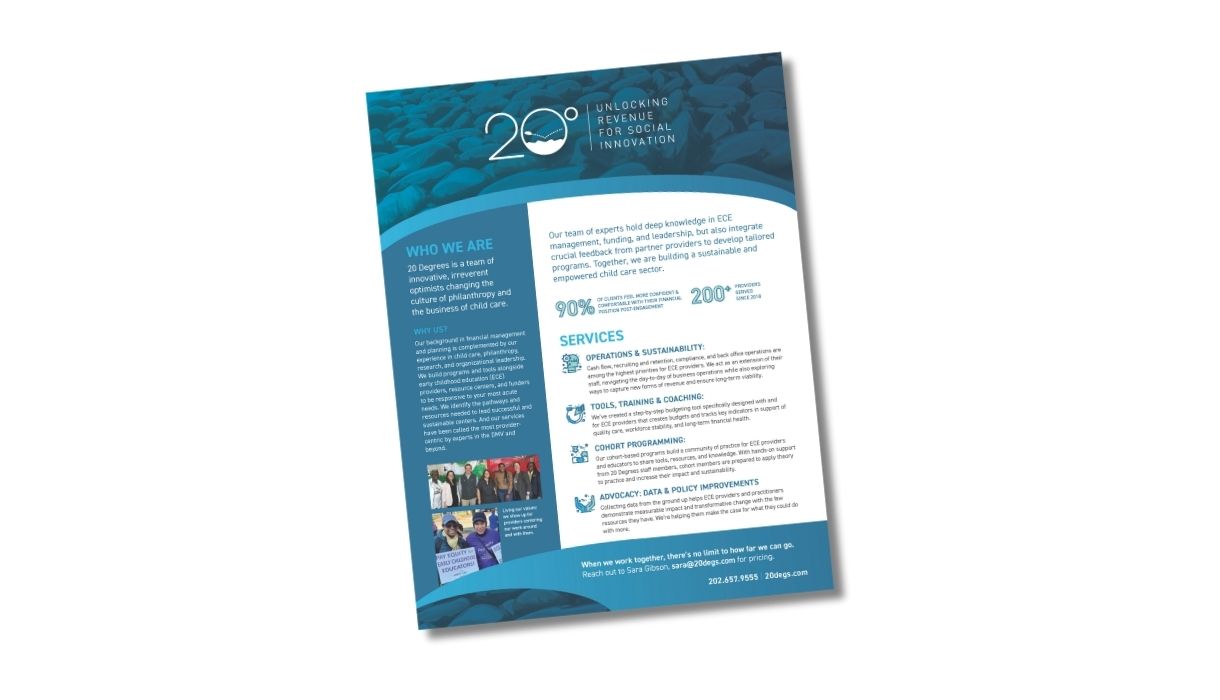 A promotional flyer for 20 Degrees, featuring a blue wave design at the top. Includes text on services, who we are, and contact information.