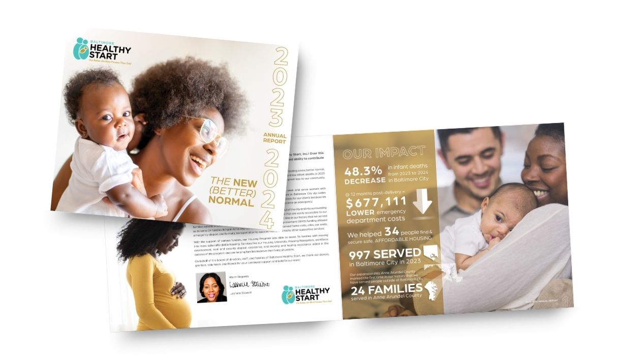 Cover of Baltimore Healthy Start's 2023-2024 annual report. A smiling woman holds a baby on the cover and the interior page displays impact statistics and photographs.