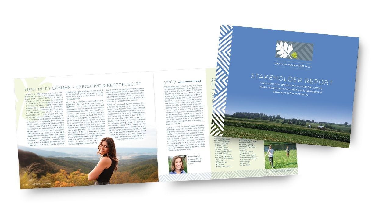 The Land Preservation Trust Stakeholder Report, with a scenic cover featuring fields and a blue sky. An open page profiles an executive director with text and a portrait.