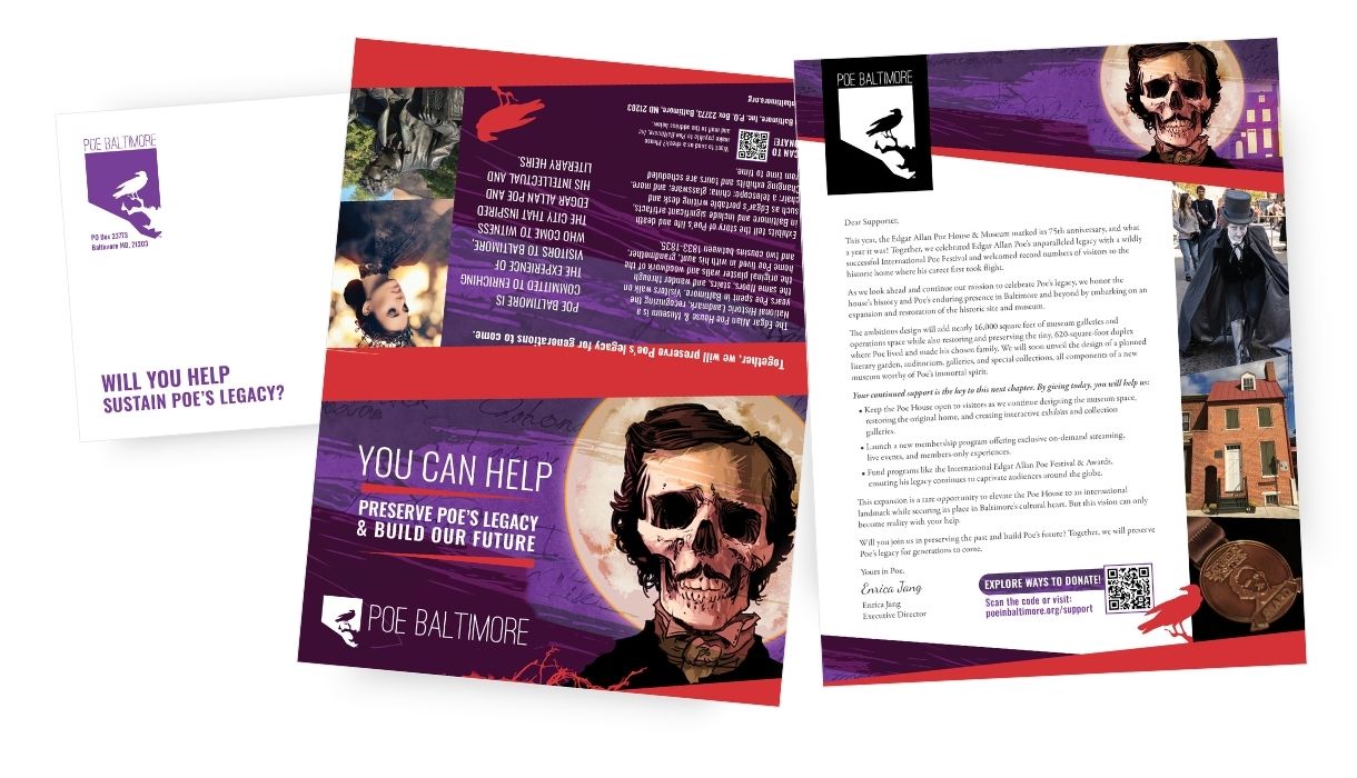 A three-part letter for Poe Baltimore. Front shows an illustrated skull on Edgar Allan Poe's face with 