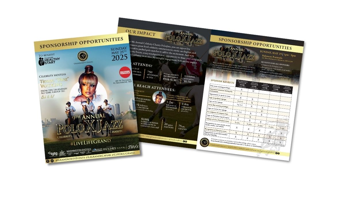 Promotional material for the 9th Annual Polo X Jazz event, showcasing sponsorship opportunities. Features imagery of a celebrity host, polo players, and event details.