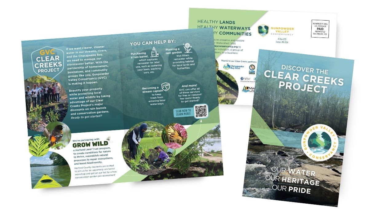 Interior and exterior images of the Clear Creeks Project promotional mailer by Gunpowder Valley Conservancy. Includes images of nature, people gardening, and text about water conservation.