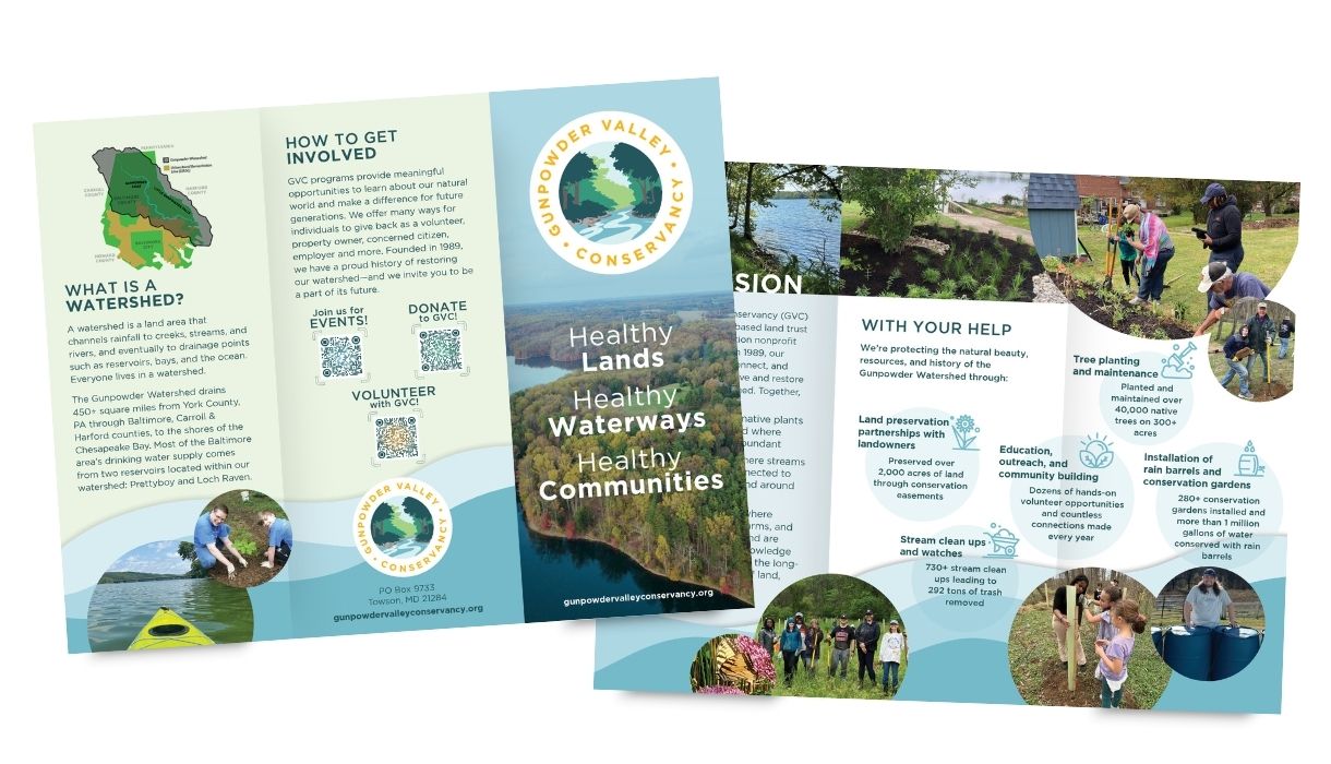 Trifold brochure for Gunpowder Valley Conservancy. Left panel discusses watersheds with a map and circular images of nature. Right panel highlights conservation activities with photos of volunteers planting and maintaining gardens. Central logo features trees and water. Tone is informative and community-focused.