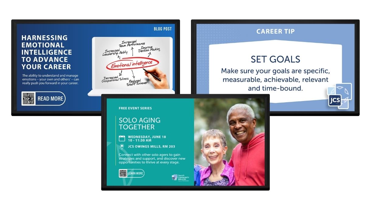 Display of three digital screens side-by-side. Left screen: A hand writes 