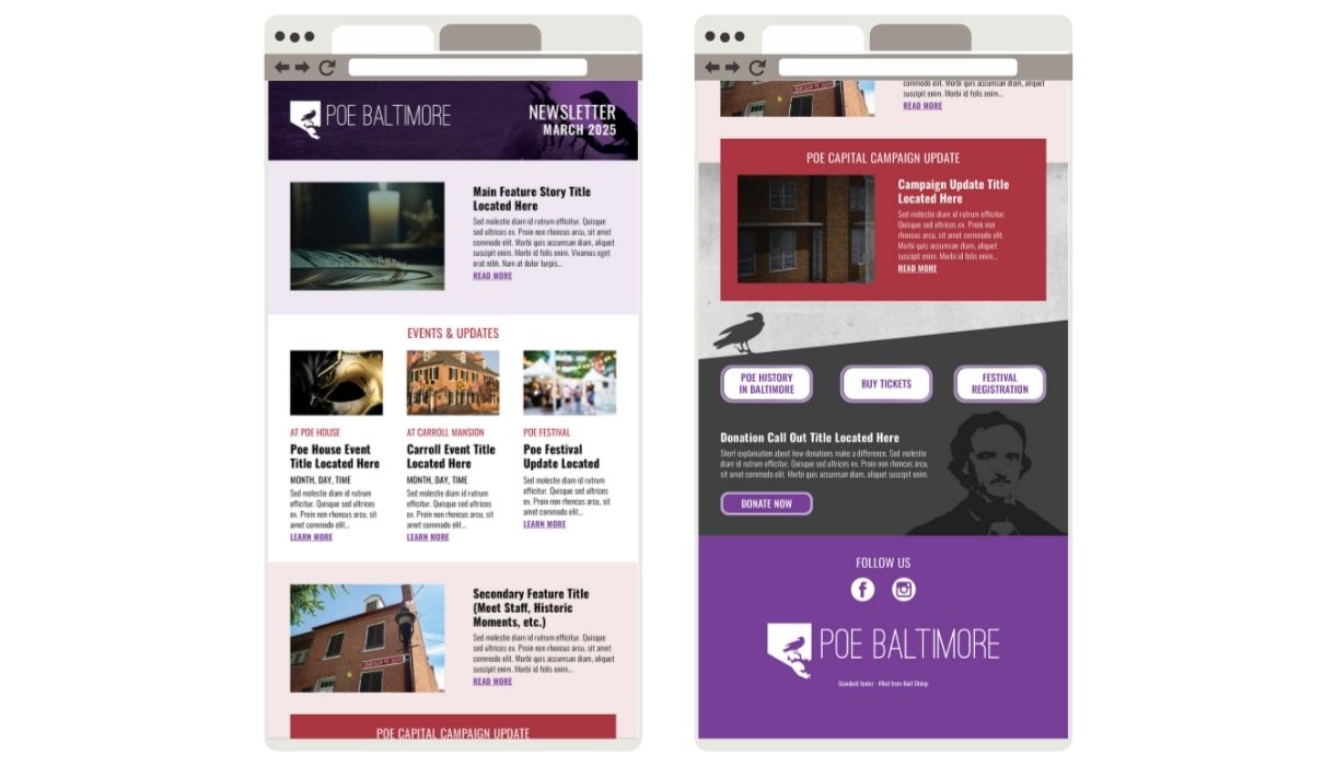 Poe Baltimore newsletter template as viewed on a desktop computer. Left page shows event highlights and dates, with images of a candle, raven, and buildings. Right page includes campaign updates, buttons for history, tickets, and registration, with Edgar Allan Poe's silhouette at the bottom.