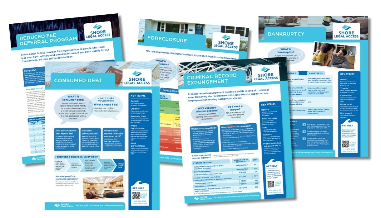 A collection of informational flyers from Shore Legal Access about legal services and topics such as consumer debt, foreclosure, and bankruptcy.