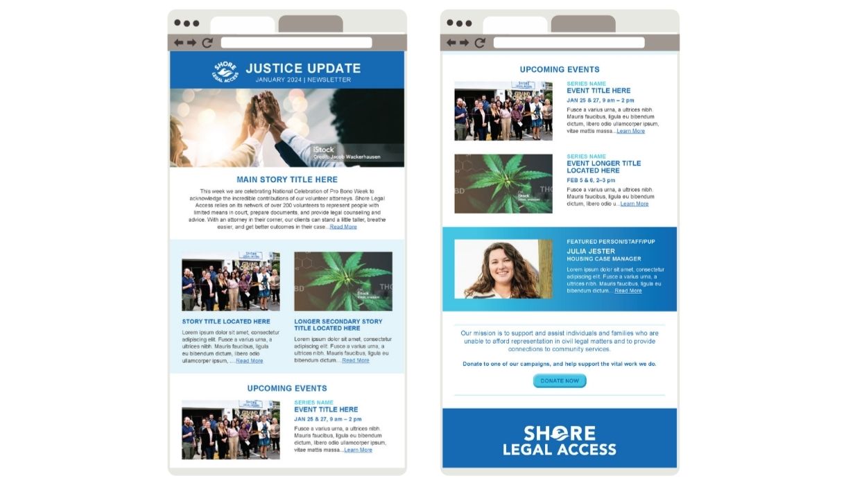 Shore Legal Access newsletter template titled 'Justice Update', featuring event details, stories, and staff highlights.