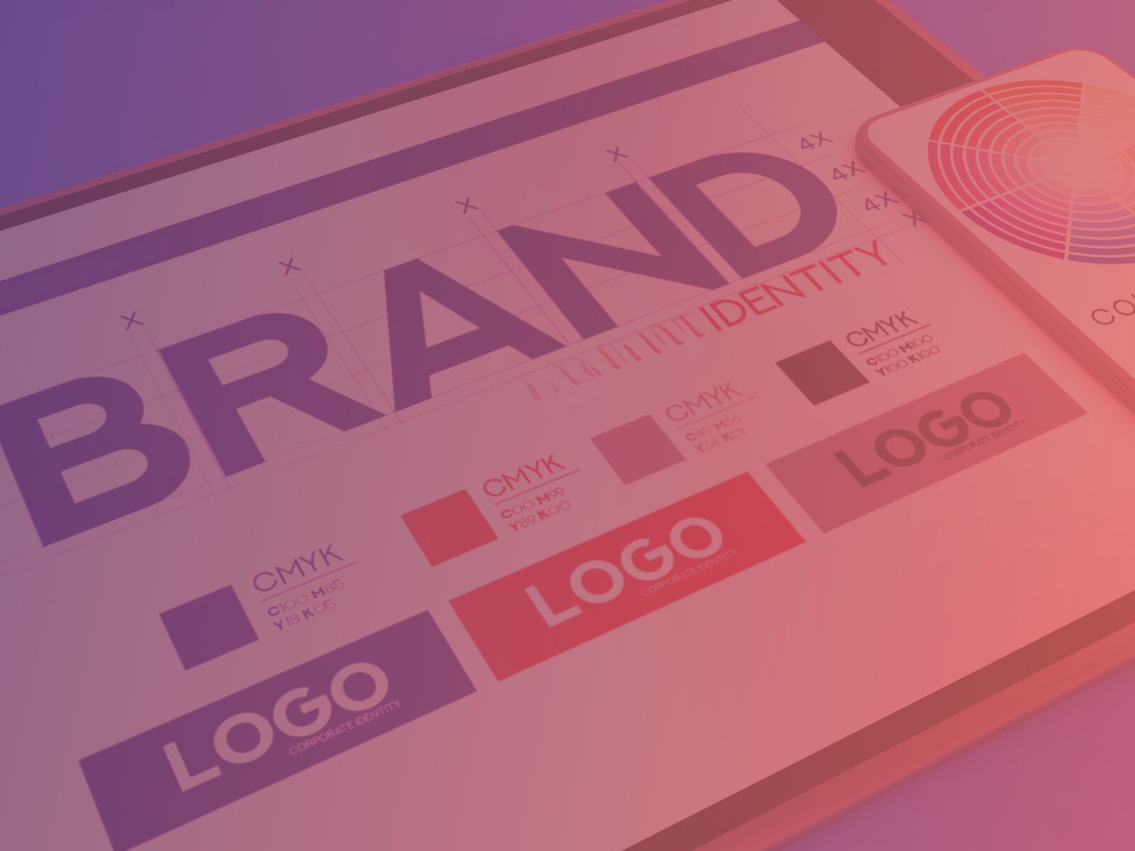 Image showing brand design elements on a digital screen. The word "BRAND" is prominent, alongside color palettes, logos, and design grids.