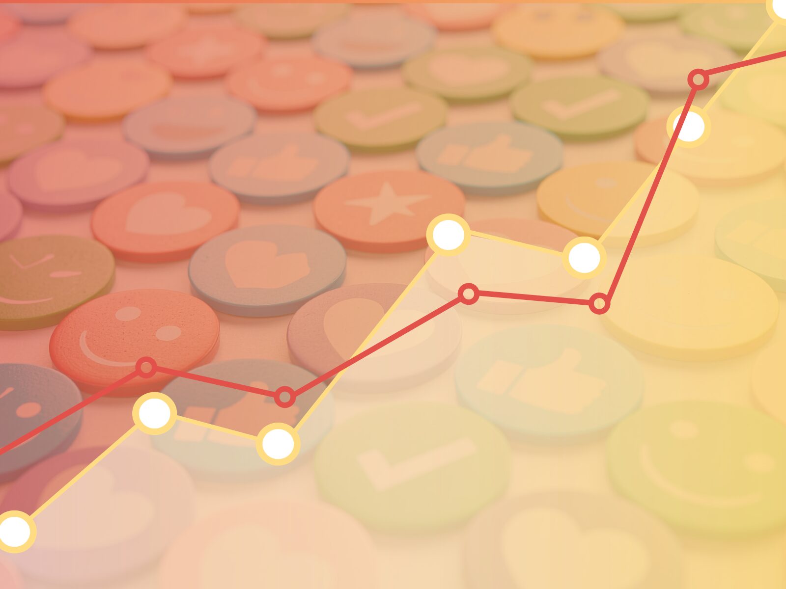 Colorful, round social media reaction icons with various symbols fill the background. A red line graph with glowing points rises across the image, suggesting social media engagement growth or analytics data.