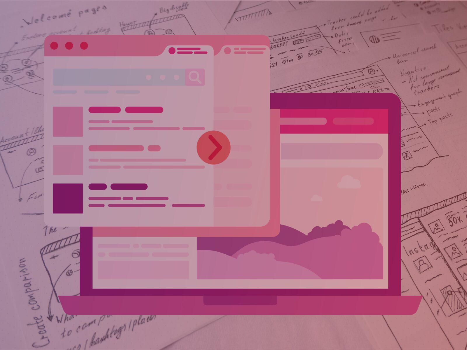 Illustration of a laptop with web pages and search results layered above, overlaid on hand-drawn website wireframes and notes, representing web design and development concepts.