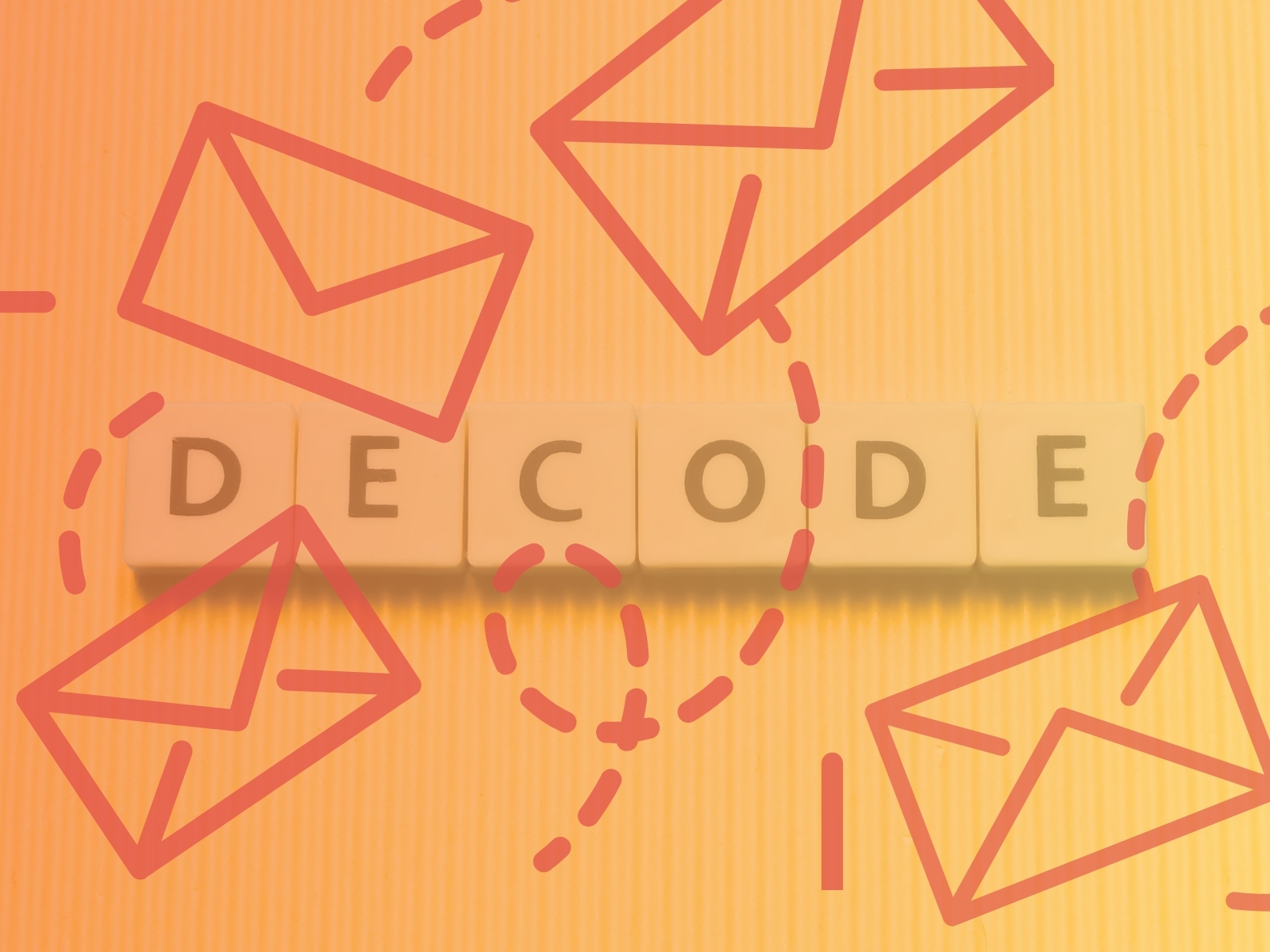 The word DECODE spelled out with letter tiles, surrounded by illustrated envelope icons on an orange background.