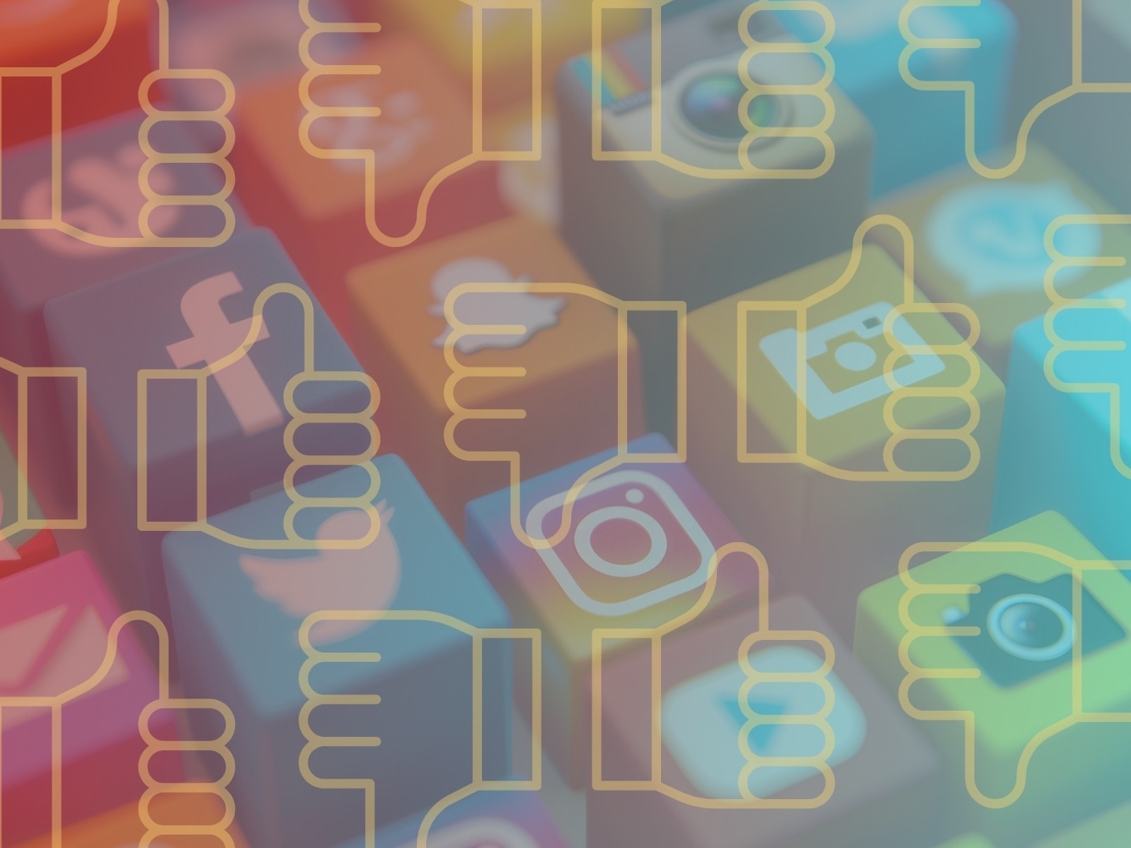 A pattern of outline icons featuring alternating thumbs-up and thumbs-down symbols overlaid on a grid of various social media app logos.
